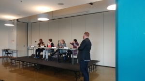 Moderator Bryce Yadon of Futurewise asked questions of a panel that included Uche Okezie (Homesight), Kelly Rider (King County Department of Community and Human Services), Abigail Doerr (Transportation Choices Coalition), and Emily Alvarado (Seattle Office of Housing).