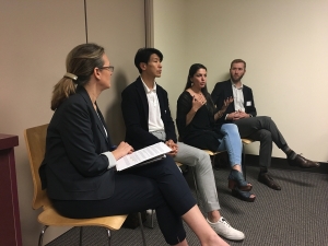 Pictured from left to right: Susan Boyd (moderator) with panelists Jonathan Sposato (Geekwire), Rebekah Bastian (Zillow), and Ethan Phelps-Goodman (Seattle Tech 4 Change). 